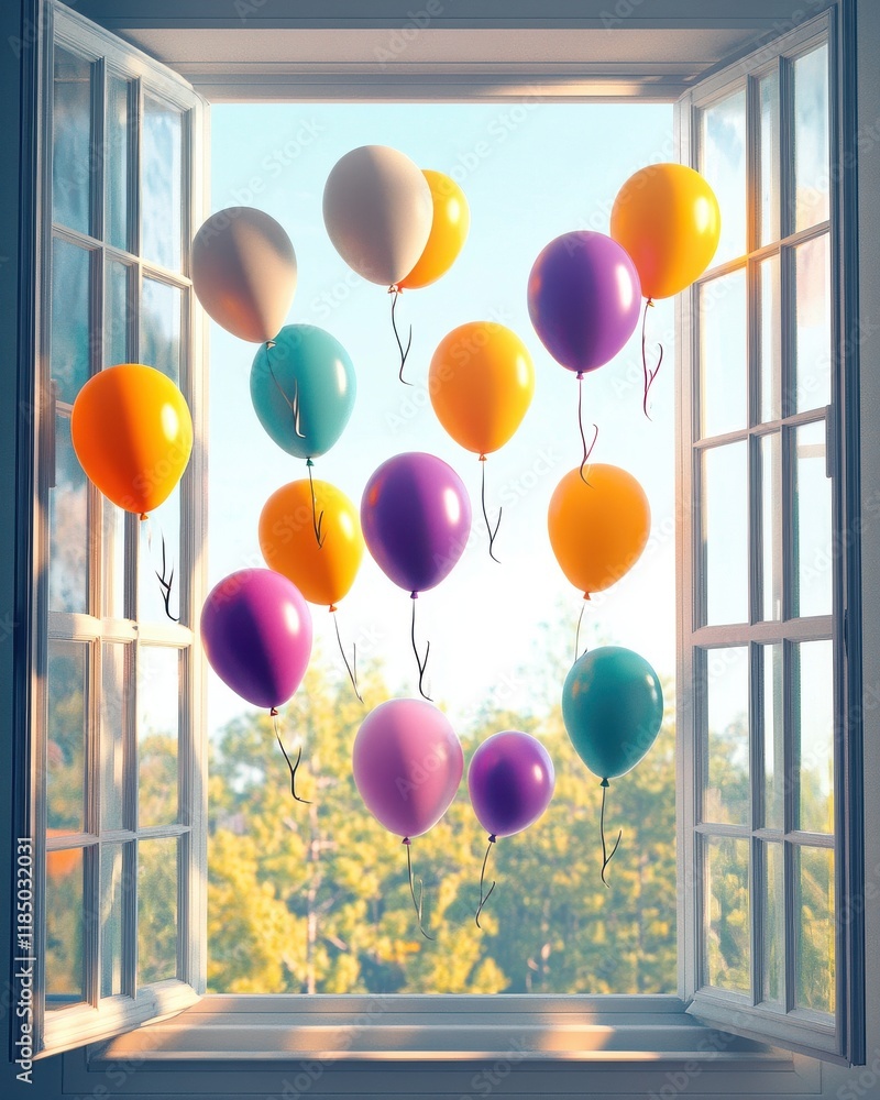 Poster colorful balloons float through a sunny window, creating a festive atmosphere filled with joy.