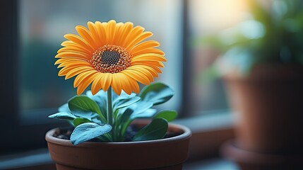 Fototapeta premium Vibrant Gerbera Daisy in a Terracotta Pot, Basking in Sunlight by Window