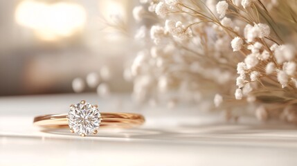 Shiny diamond ring sparkling on table near bouquet of flowers