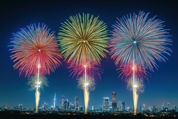 Colorful fireworks illuminate the night sky above a city skyline, creating a vibrant and festive atmosphere.