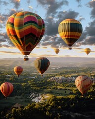 Obraz premium Colorful hot air balloons soaring over a lush landscape during a vibrant sunrise.