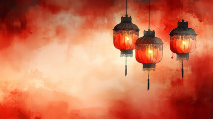 Watercolor Chinese New Year design, red and gold washes with lanterns, traditional and celebratory