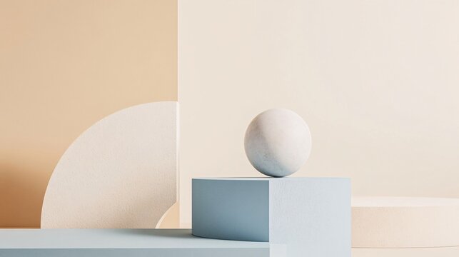 White sphere balancing on light blue pedestal in minimalist pastel abstract background