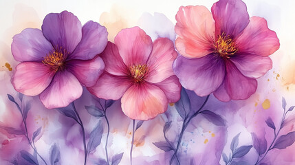 Elegant Watercolor Women&rsquo;s Day Background in Soft Pink and Purple with Hand-Painted Florals and Golden Highlights