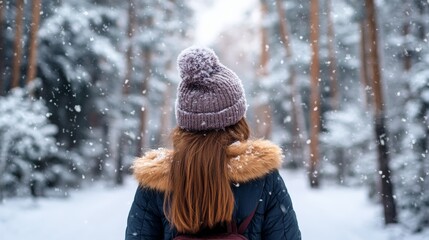 Fototapeta premium A young woman with long hair, wearing a cozy beanie and jacket, walks through a snow-covered forest, marveling at the falling snowflakes in a serene winter landscape