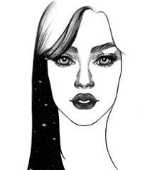 Ritratto cosmico di donna in bianco e nero illustrazione