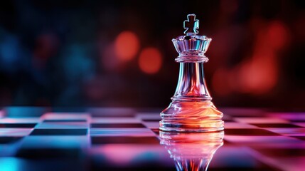 A captivating glass chess king piece stands alone on a chessboard, reflecting dramatic colors that evoke a sense of strategy and competition in the game of chess.