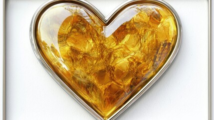 A heart-shaped piece of amber encased in a sleek silver frame, symbolizing beauty and warmth.