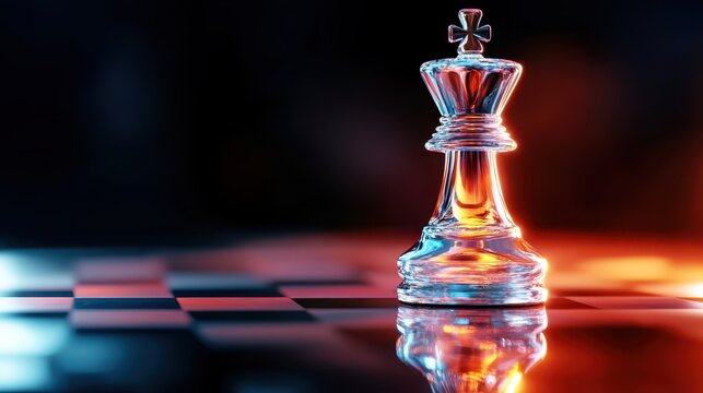 An intricate glass king chess piece stands tall on the chessboard, illuminated with striking colors, symbolizing the importance of strategy and thought in gameplay.