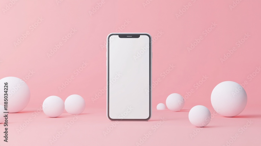 Poster Modern smartphone with blank screen displaying on pink background with white spheres