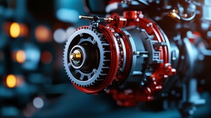 Fototapeta premium A close-up of a vibrant red engine component showcases modern engineering artistry, blending intricate designs and vibrant colors that represent dynamic motion and performance.