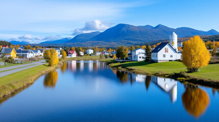 Fototapeta premium View of a Small Town by the Lake Surrounded by Mountains and Autumn Foliage Highlighting Environmental Health Concerns