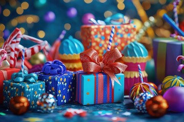 Fototapeta premium Vibrant holiday gifts with colorful wrapping and festive decorations, perfect for celebrating festive occasions.