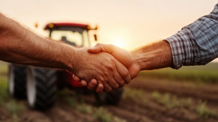 This image portrays two farmers shaking hands against a picturesque sunset backdrop, symbolizing partnership and unity in the agricultural community and hard work's significance.