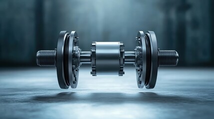 A sleek, silver dumbbell rests against a softly blurred background, showcasing its polished design and inviting viewers into the world of fitness and strength training.