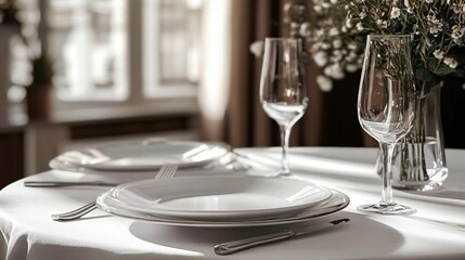 Elegant table setting awaits guests in a sunlit restaurant
