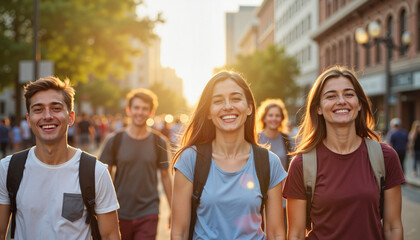 Teenagers exploring downtown street during the day, city adventures
