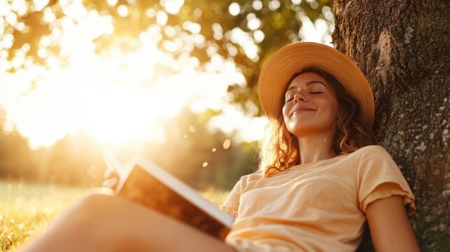 A young woman relaxes under a sunlit tree, expressing pure joy as she enjoys reading a book, embodying the essence of leisure and tranquility in nature.