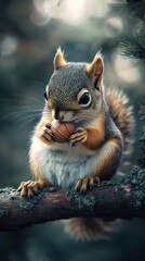 Obraz premium A cute gray squirrel holding an acorn, perched on a branch amidst a blurred forest background.
