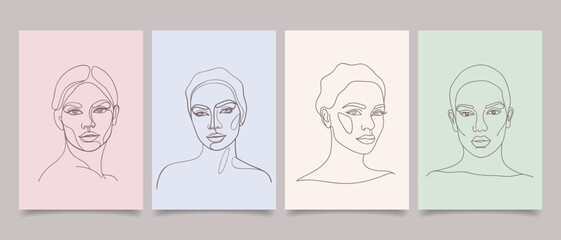 Set of posters with abstract modern portraits of beautiful young women. Line art. Hand drawn illustration.