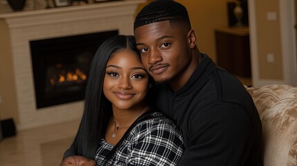 Fototapeta premium Young couple embraces on the sofa, radiating love and warmth while enjoying an intimate moment in their cozy home