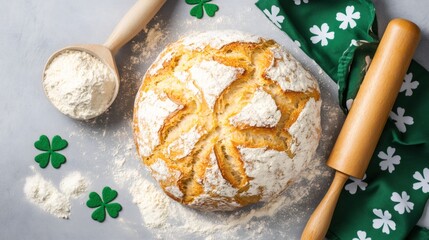 irish baking scene, irish soda bread with crust, flour, rolling pin, and shamrock napkin for saint patricks day vibes
