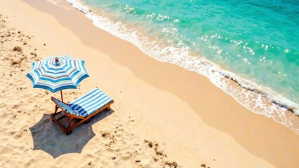 Naklejka premium Aerial view revealing striped beach umbrella shading sunbeds, crystal turquoise waters caressing sandy shoreline, embodying serene tropical relaxation