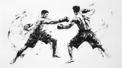 two man exercising thai boxing, black and white drawing, white background, 16:9