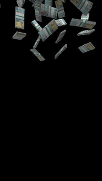 Vertical Guatemala 200 Quetzales Falling Animation Stacks Of Money on Black Screen