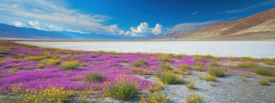 A surreal view of the salt flats of Death Valley National Park, USA, under a rare carpet of wildflowers during a superbloom