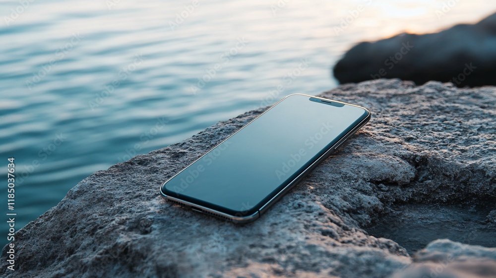 Poster smartphone resting on rock by water at sunset displaying blank screen