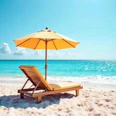 Wooden beach lounger, yellow parasol resting on pristine white sand, framed by turquoise waters and azure sky, epitomizing summer relaxation