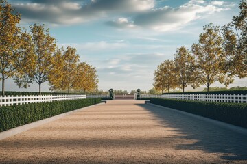 Fototapeta premium Peaceful park scene with vibrant trees and a tranquil path leading to a bench under a blue sky.