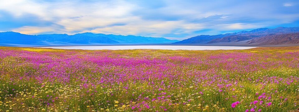 A surreal view of the salt flats of Death Valley National Park, USA, under a rare carpet of wildflowers during a superbloom