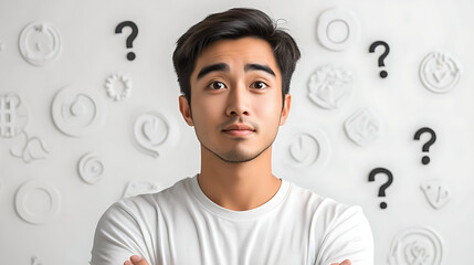 asian man thinking deeply with uncertain facial expression and decision making isolated on white background
