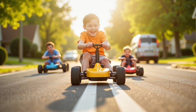 Happy boys racing remote-control cars on suburban street, race day joy