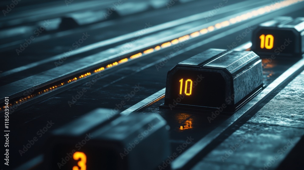 Poster close-up of numbered blocks on a dark, illuminated track, highlighting the number 10 with a futurist