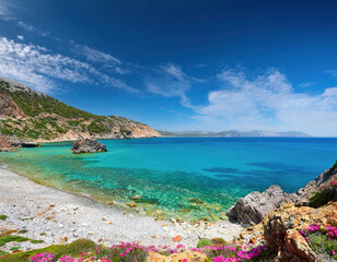 Fototapeta premium A secluded pebble beach with vibrant turquoise water stretches to a distant coastline under a bright blue sky dotted with fluffy clouds. 