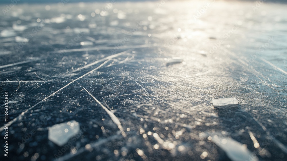 Poster close-up of a frozen lake surface with ice shards reflecting sunlight, creating a serene winter atmo