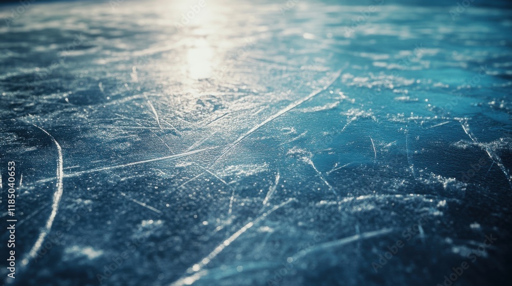 Poster close-up of an ice rink surface with reflections and scratches, creating a serene wintery atmosphere