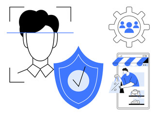 Facial recognition technology, a security shield, user profile management, and online shopping activity. Ideal for identity verification, data privacy, cybersecurity, online shopping, user