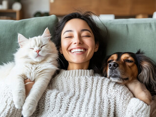 Fototapeta na wymiar Joyful woman sits with her pets on a cozy couch