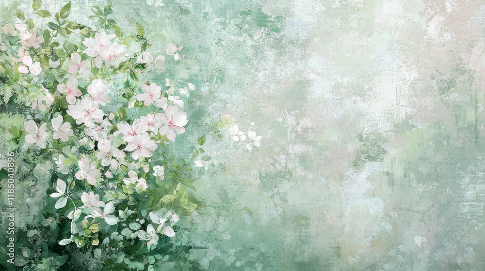 Poster A tranquil garden unfolds with soft, painterly hues as future dusk approaches. Delicate flowers bloom in gentle shades, creating a serene atmosphere infused with fading light