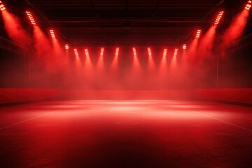 Naklejka premium A dramatic red-lit sports arena with dense fog, creating an intense and energetic atmosphere.