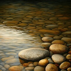 A painting of a rock in a river with a reflection of the rock in the water