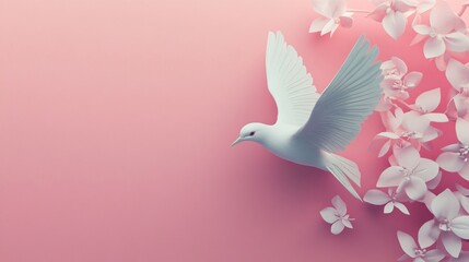 Fototapeta premium White dove flying near blooming flowers on pink background