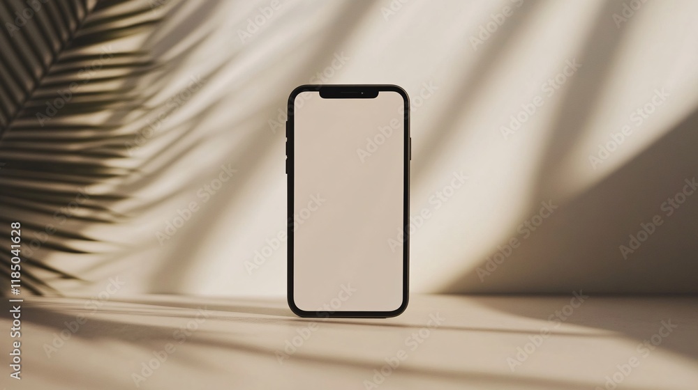 Poster smartphone floating on neutral background with palm leaf shadow