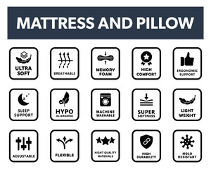 Mattress and Pillow properties vector labels for packaging.