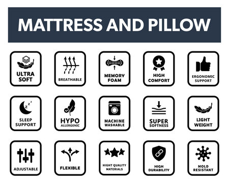 Mattress and Pillow properties vector labels for packaging.