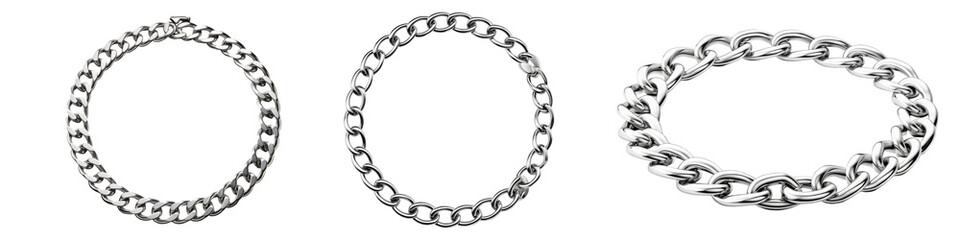 Silver metallic circular chain isolated on transparent background, Set of